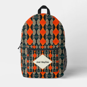 Mochila Impresa Patrón geométrico étnico negro blanco y naranja