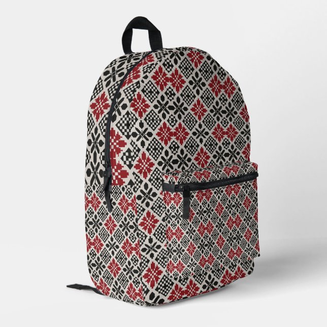 Mochila Impresa Patrón geométrico folclórico rojo negro blanco (Esquina izquierda trasera)