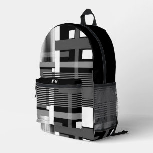 Mochila Impresa Patrón geométrico gris blanco y negro minimalista