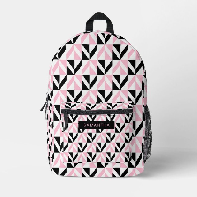 Mochila Impresa Patrón geométrico negro, blanco y rosado (Anverso)