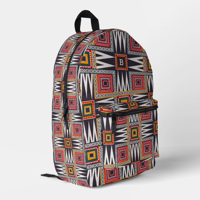 Mochila Impresa Patrón geométrico tribal africano, monograma (Esquina izquierda trasera)