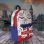 Mochila Impresa Patrón inglés de la Guardia de Reinas de Londres<br><div class="desc">Londres, Inglaterra con elementos ingleses como cabina telefónica, bus de dos pisos, London Bridge, la rueda de la fortuna de Londres. Motivo de la bandera de la bandera de la unión en el bolsillo delantero. Tenga en cuenta que los colores no son colores oficiales, se han modificado para coordinar con...</div>
