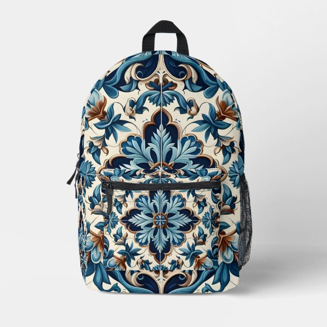 Mochila Impresa Patrón mediterráneo Azulejo Porcelana Blue Tile (Anverso)