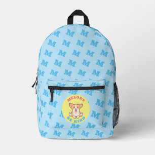 Mochila Impresa Patrón Monogramado Corgi Azul Cuta Moderna