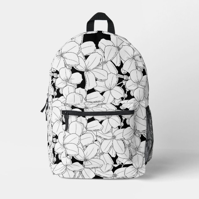 Mochila Impresa Patrón Phlox de flores negras y blancas (Anverso)