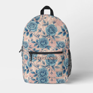 Mochila Impresa Patrón Rosa azul retro sobre fondo rosa suave