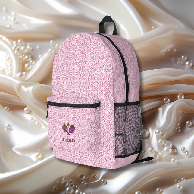 Mochila Impresa Patrón rosa y blanco Monograma moderno Pickleball (Subido por el creador)