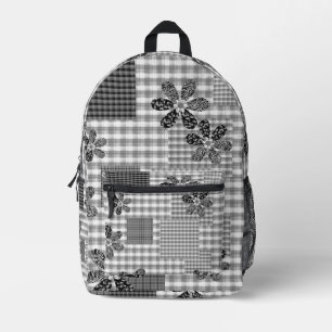 Mochila Impresa Patrón rústico de remiendo retro en blanco y negro