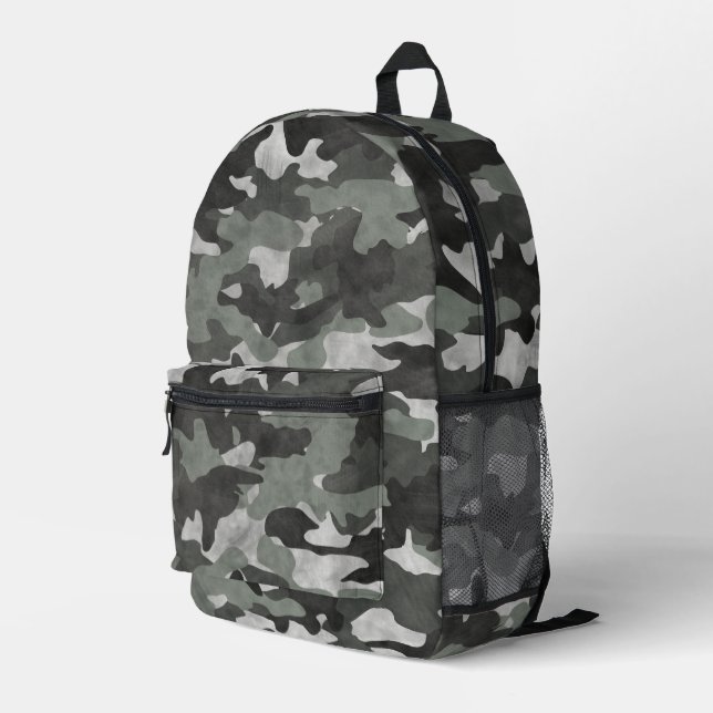 Mochila Impresa Patrón único de camo negro y gris con problemas (Esquina derecha trasera )