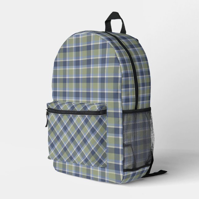 Mochila Impresa Patrón verde sabio y plano azul (Esquina derecha trasera )