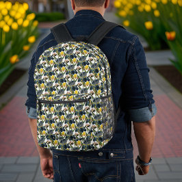 Mochila Impresa Patrón vintage de iris amarillo y azul medianoche
