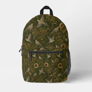 Mochila Impresa Patrón Vintage de Pájaro y Girasol Bota Verde Os