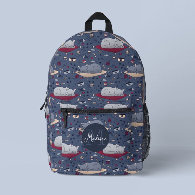 Mochila Impresa Patrón y monograma de sueños de gatos sudorosos y  (Sleeping Cats Backpack with Monogram)
