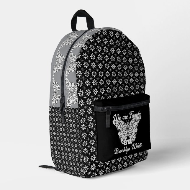 Mochila Impresa PatrónMandala Mariposa blanca y negra personalizad (Esquina izquierda trasera)
