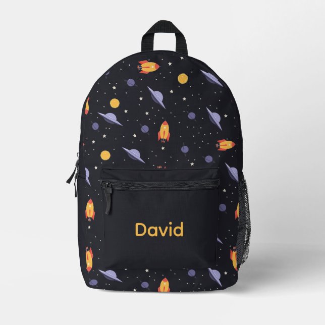 Mochila Impresa Pattern space lavender orange black name (Anverso)