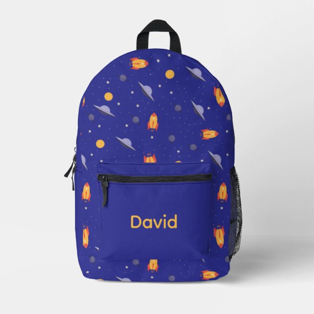 Mochila Impresa Pattern space lavender orange gray name (Anverso)