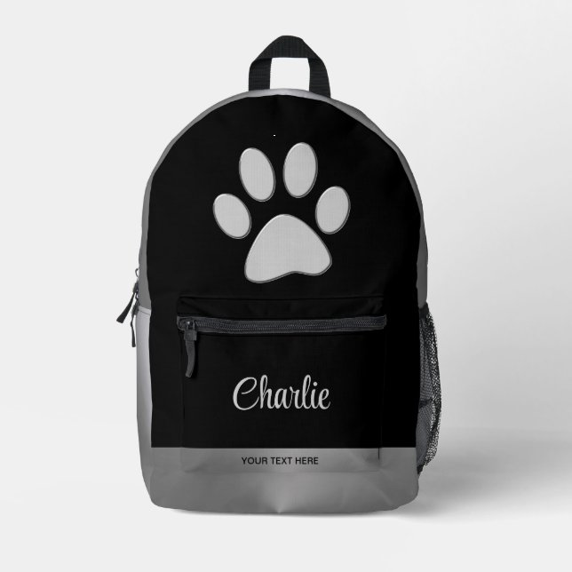 Mochila Impresa Paw de perro plateado sobre fondo negro (Anverso)