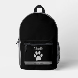 Mochila Impresa Paw de perro plateado sobre fondo negro