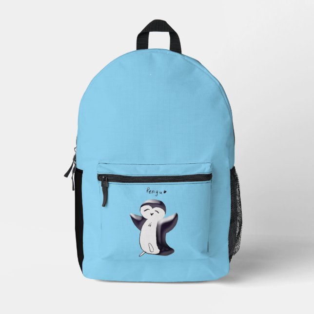 Mochila Impresa Pengu Happy Penguin Kids Black-SkyBlue (Anverso)