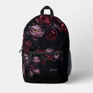 Mochila Impresa Peonías rojas púrpura 3D fondo negro