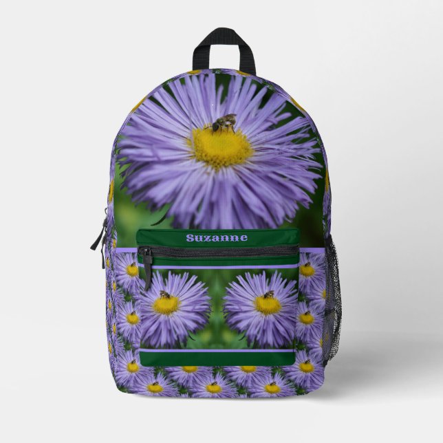 Mochila Impresa Pequeña Abeja En Flor De Aster Púrpura Personaliza (Anverso)