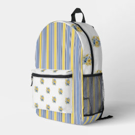 MOCHILA IMPRESA PEQUEÑAS FLORES AZULES Y AMARILLAS Y FRANJAS