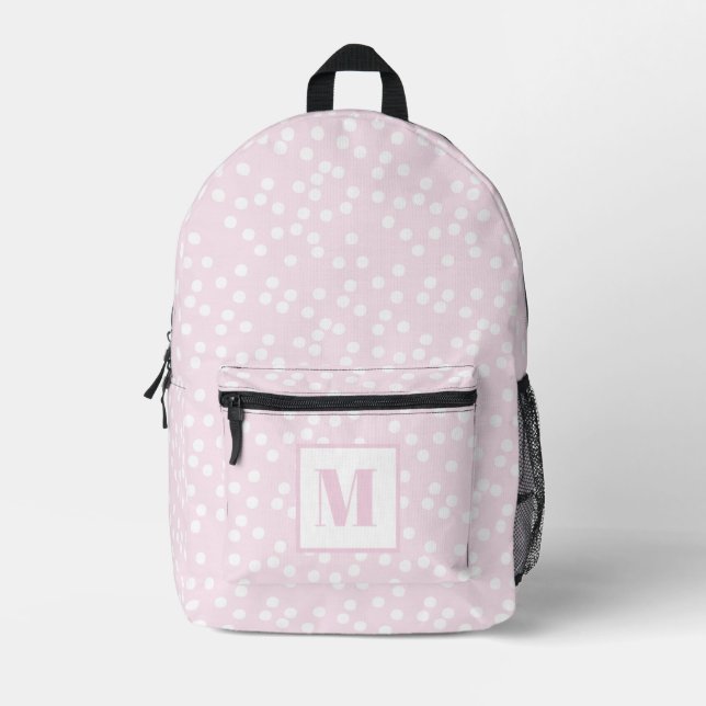 Mochila Impresa Pequeños niños monogramados con polkadots rosados  (Anverso)