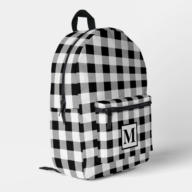 Mochila Impresa Personaliza el gingham blanco negro monograma (Esquina izquierda trasera)