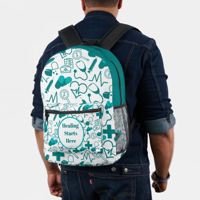 Mochila Impresa Personalizable del patrón de iconos médicos verde  (Insitu (Modelo))