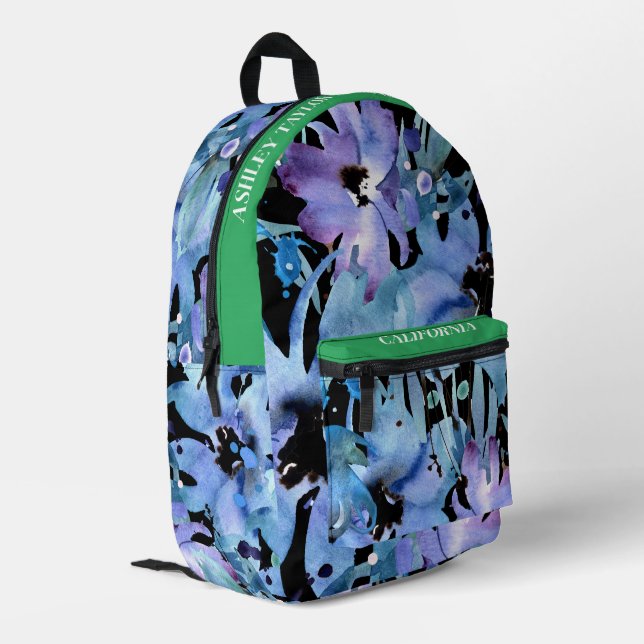 Mochila Impresa Personalizado bonito acuarela azul floral (Esquina izquierda trasera)