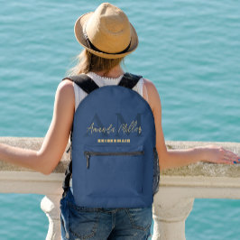 Mochila Impresa Personalizado Con Nombre Azul Oro Monograma Modern