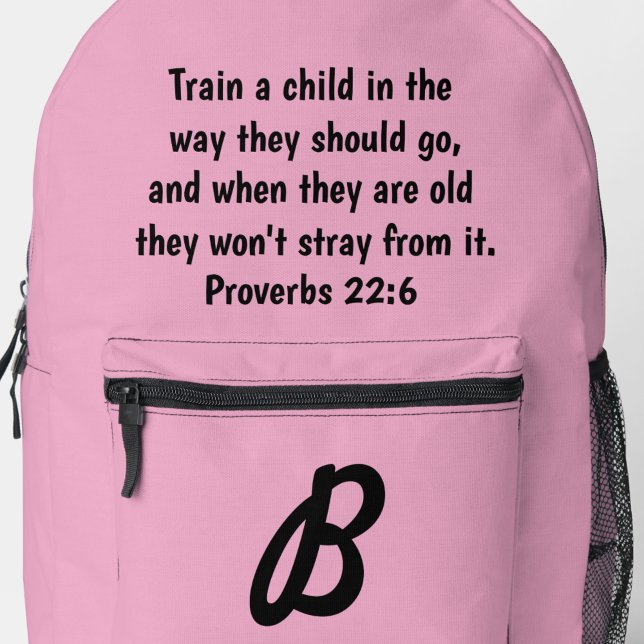 Mochila Impresa Personalizado de monograma rosa Biblia contra prov (Pink Proverbs 22:6 bag to encourage Christian parents)
