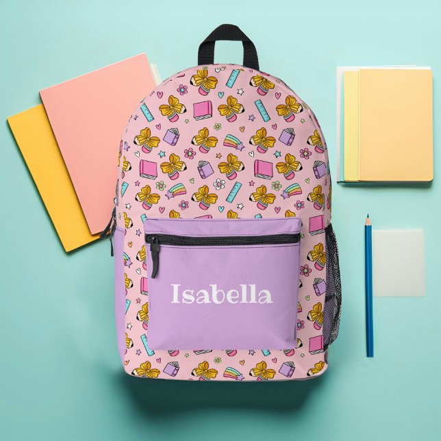 Mochila Impresa Personalizado de patrones escolares rosa y púrpura (Pink and Purple Custom Back to School Fall Cute Girls Backpack )