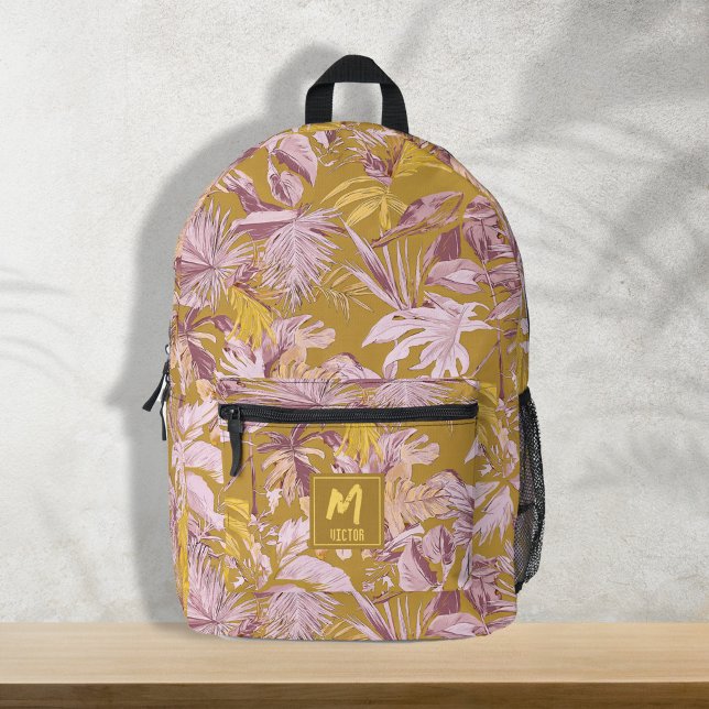 Mochila Impresa Personalizado Leña Tropical Diseño gráfico amarill (Custom tropical leaf yellow graphic modern design printed, monogram backpacks, back to school)