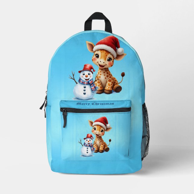 Mochila Impresa Personalizado lindo Giraffe con Santa Hat y Snowma (Anverso)