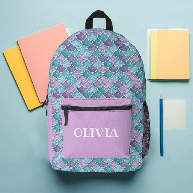 Mochila Impresa Personalizado Mermaid Scales (Mermaid Scales Purple and Teal Girly Modern Backpack)