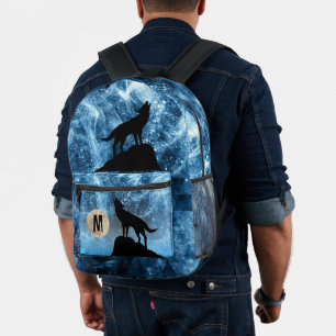 Mochila Impresa Personalizado negro azul de luna llena Lobo Monogr