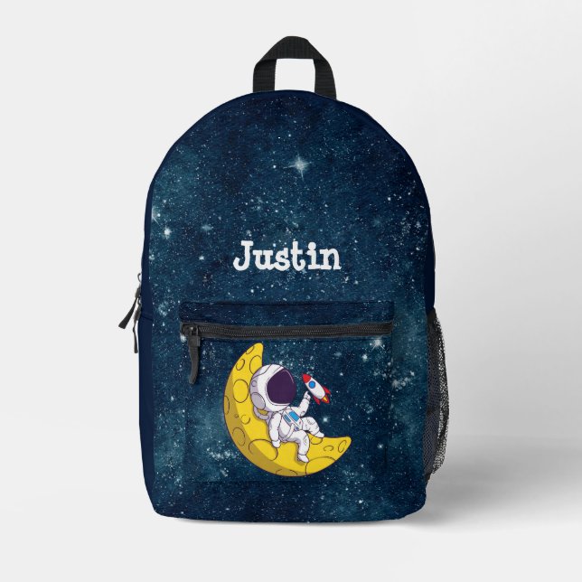 Mochila Impresa Personalized Astronaut on Moon with Rocket (Anverso)