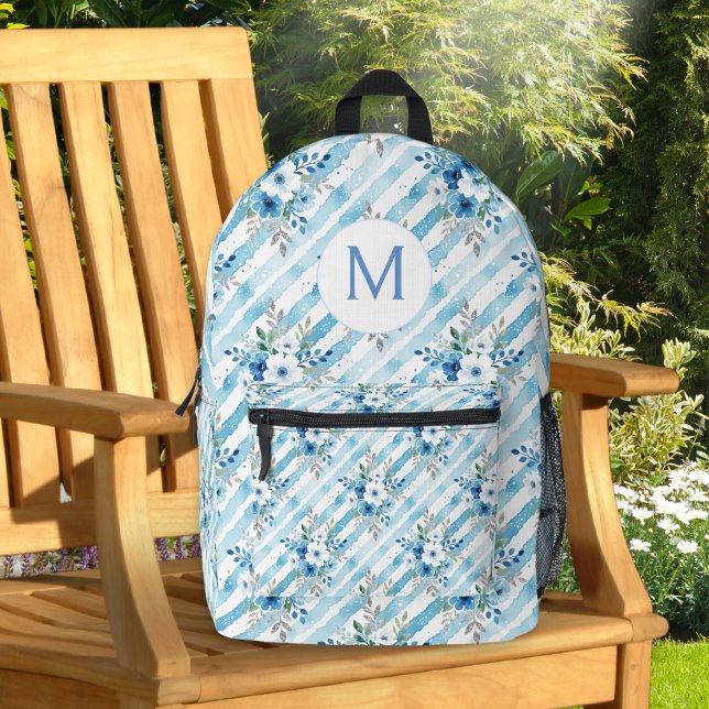 Mochila Impresa Personalized Blue Floral Travel Aesthetic (A monogrammed backpack in fresh blue, white and sage green, with floral striped pattern)