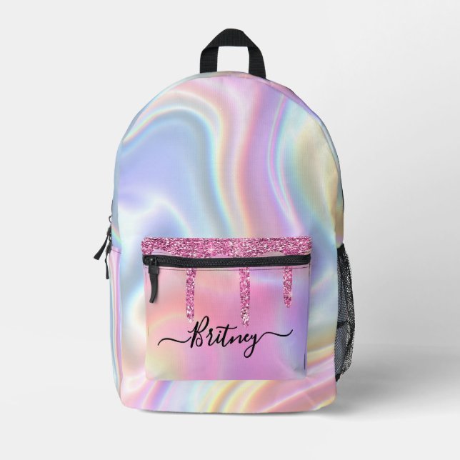 Mochila Impresa Personalized holographic pink drips girly (Anverso)