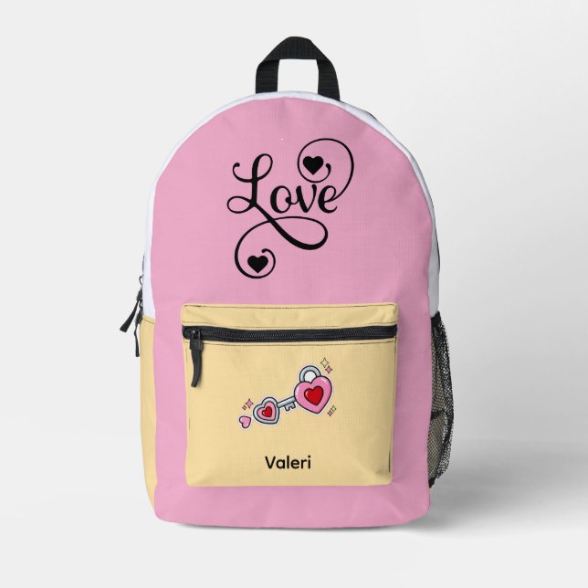 Mochila Impresa Personalized Pink Backpack with "Love" & Heart Key (Anverso)