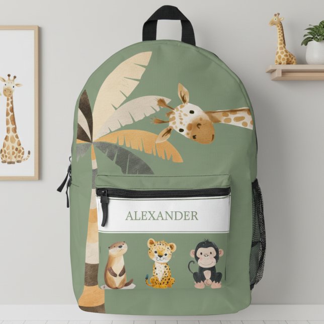 Mochila Impresa Personalized Safari Animals Backpack (cute safari animals giraffe jungle sage green backpack with personalized monogram name for kids)