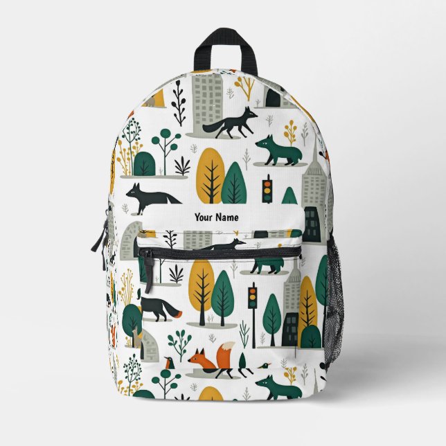 Mochila Impresa Personalized Whimsical Fox & Cityscape Kids (Anverso)