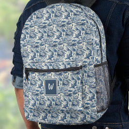 Mochila Impresa Pez Koi y Nenúfar Azul Chinoiserie Monograma