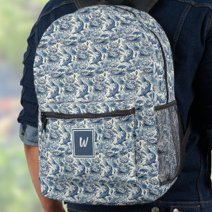 Mochila Impresa Pez Koi y Nenúfar Azul Chinoiserie Monograma