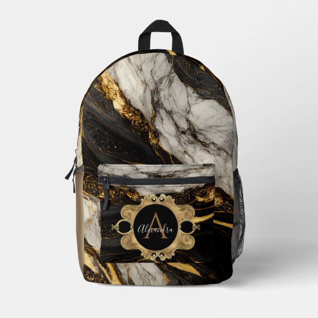 Mochila Impresa Piedra moderna de mármol de oro blanco y negro (Anverso)