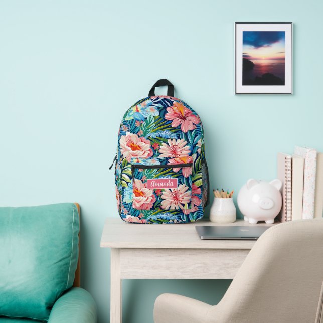 Mochila Impresa Pink Blue Flowers Back to School Botanical Pattern (in situ)
