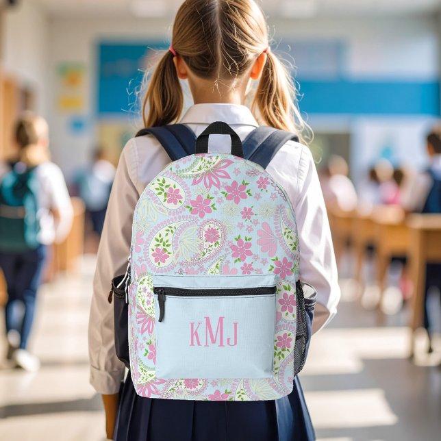 Mochila Impresa Pink Cute Paisley Monogram Blue Personalized (Pink and blue paisley pattern monogram backpack)