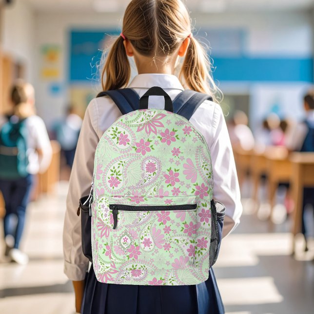 Mochila Impresa Pink Cute Paisley Pattern Chic (Pink and green paisley print pattern backpack.)