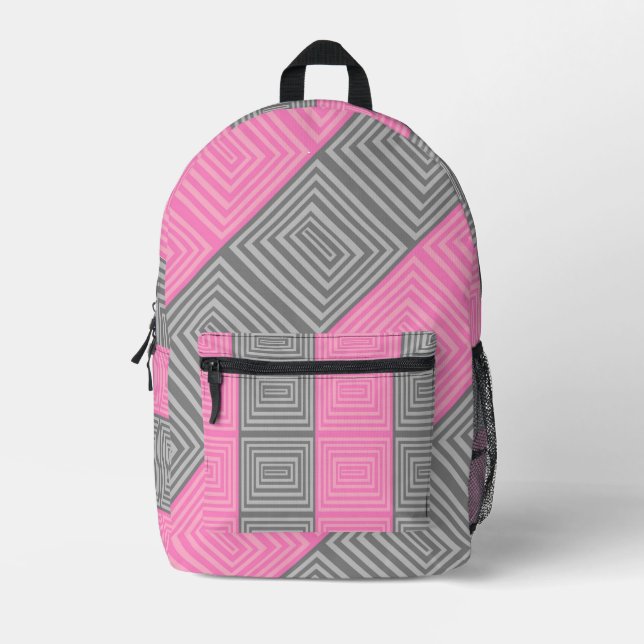 Mochila Impresa Pink & Gray Backpack With Abstract Squares Stripes (Anverso)